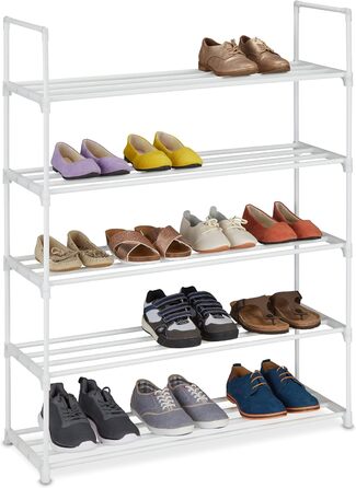 Полиця для взуття, вставна система, 16 пар взуття, передпокій, розширюваний, метал і пластик, полиця для взуття, біла, 10036200349 (5 рівнів)