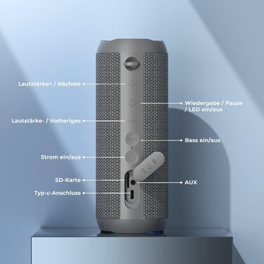 Портативна Bluetooth колонка RIENOK з підсвіткою, IPX7, 3600 mAh, баси, стерео звук (Сірий)