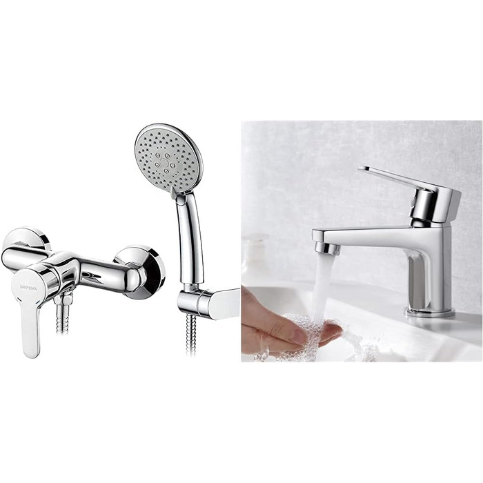 Система душова GRIFEMA Bad з ручною лійкою, настінна запірна арматура для ванни, змішувач для ванни, душовий шланг та кріплення, накладний монтаж, хром, модель G13003