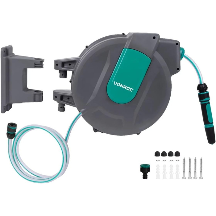 Шланг садовий VONROC 35 метрів з автоматичним згортанням та тримачем для стіни - Шланг на котушці, 180° поворот, зелений