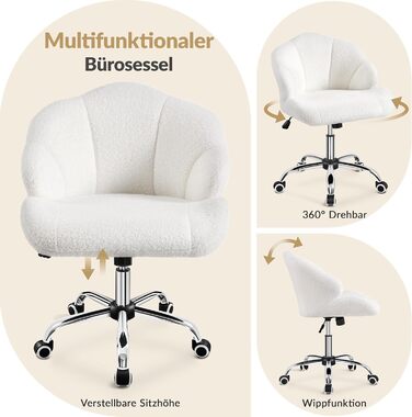 Крісло для дому та офісу Yaheetech, крісло для макіяжу, регульоване по висоті, поворотне, офісне крісло у формі мушлі, крісло з роликами, оксамитове крісло, до 136 кг, білий (сніжно-білий)