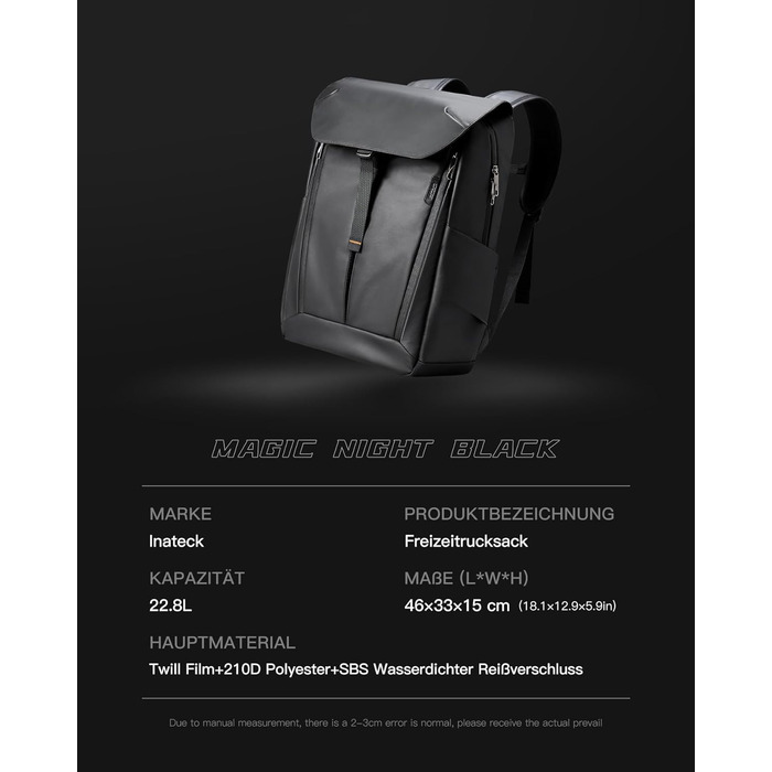 Рюкзак Inateck Чоловічий жіночий рюкзак для ноутбука 22,8 л Рюкзак для подорожей Шкільний рюкзак Денний рюкзак для повсякденного/уні/спорту/поїздок на роботу з 15-16-дюймовим відділенням для ноутбука, захист від бризок, чорний