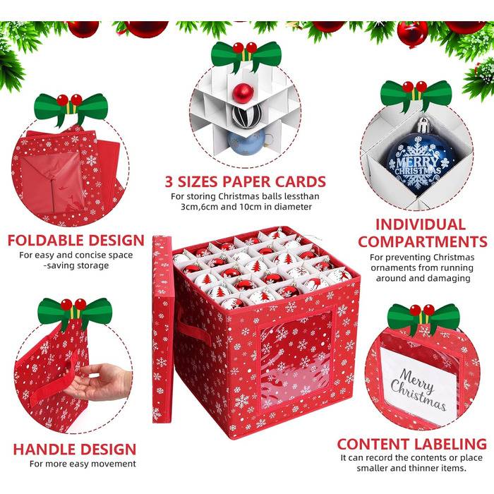 Коробка для зберігання новорічних прикрас з 166 відділеннями, 31x31x30 см, червона, з сніжинками
