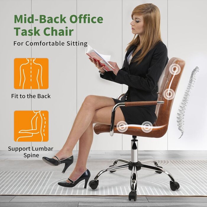 Крісло офісне Clatina Leder з підлокітниками, шкіряне, ергономічне, поворотне, регульоване по висоті, для дому та офісу, коричневе, 160 кг, 1 шт.