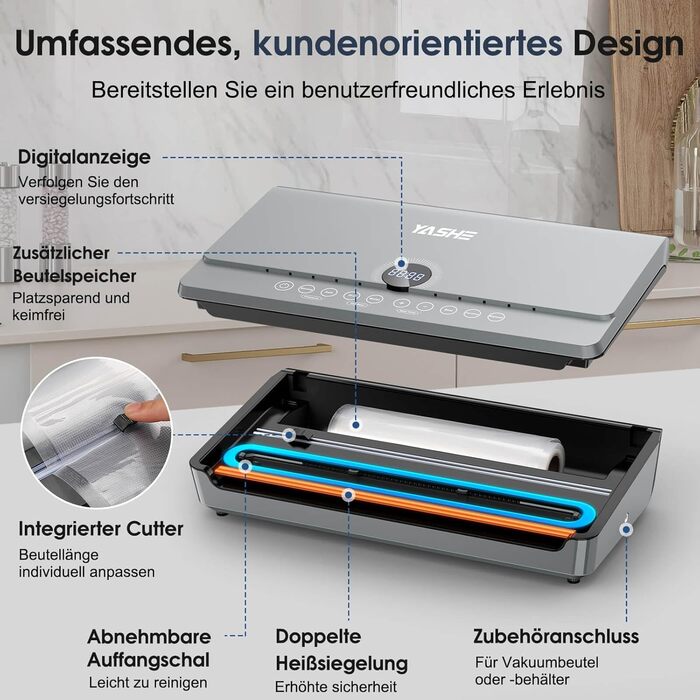 Вакууматор для продуктів 10-в-1 з магнітною кришкою, 80кПа, подвійним швом та подвійним насосом, з відсіком для рулонів та шлангом