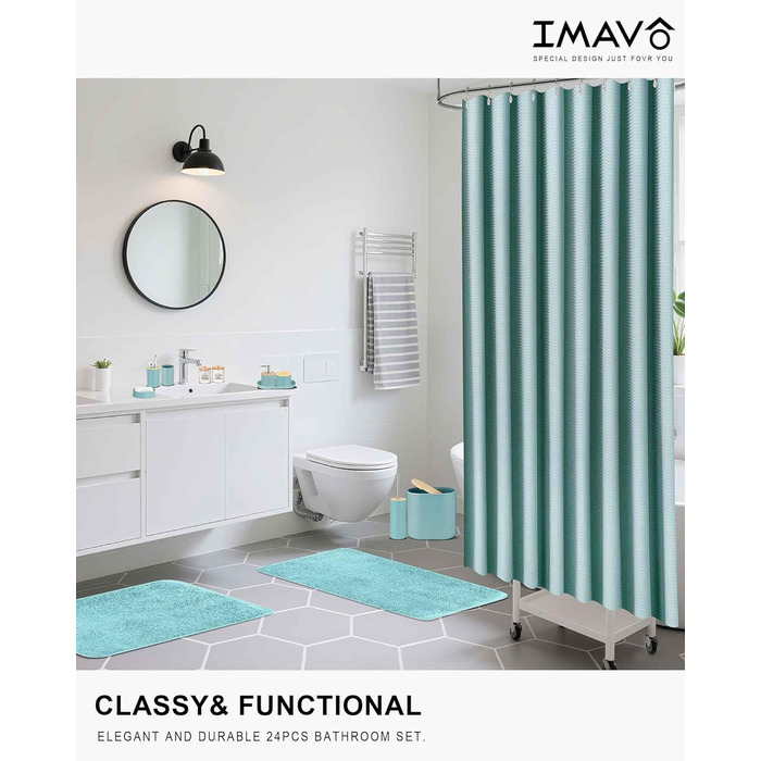 Набір аксесуарів для ванної кімнати IMAVO, 9 предметів: сміттєвий бак, дозатор мила, мильниця, тримач для зубних щіток, стакан для зубних щіток, тримач для унітазного йоржика, диспенсер для ватних паличок (Блакитний, 26 предметів + шторка для душу з факту