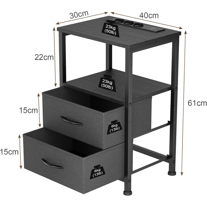 Нічний столик з LED-підсвіткою та функцією зарядки, з ящиком, 3 розетки AC та USB, для вітальні та спальні (40T x 30B x 60H cm, Чорний, 2 шт.)