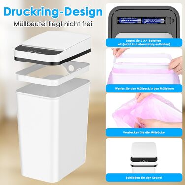 Електричний сміттєвий бак Dreamhigh 2шт. (15L + 12L) з датчиком, автоматичним відкриванням, 3 режимами відкривання, тихий, вологостійкий для кухні, ванної, офісу, вітальні