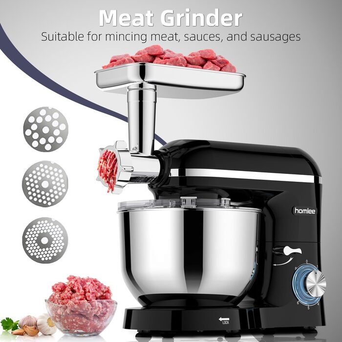 Універсальна кухонна машина 2000W 3-в-1 з м'ясорубкою, соковитискачем та мікшером, 6 швидкостей, 5.5л чаша з нержавіючої сталі, чорний колір