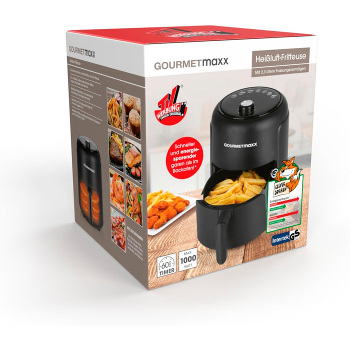 Фритюрниця GOURMETmaxx 2,3л Ідеально підходить для смаження, гриля, запікання тощо 8 різних програм Особливо нежирне та щадне приготування Таймер Автоматичне вимкнення 1000 Вт Чорний