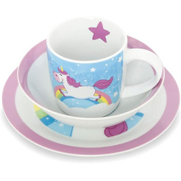 Набір дитячого посуду BIOZOYG з порцеляни (3 шт.): тарілка, чашка, миска з єдинорогом. Безпечний для миття в посудомийній машині. Ідеальний подарунок для дітей!