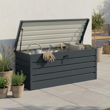 Скриня для саду STEELSØN Dorado 600л, металева оцинкована, водонепроникна, антрацит, з замком та відкидною кришкою - для саду, балкону, тераси 120x62x63 см