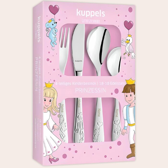 Дитячий набір столових приборів Kinderbesteck з гравіюванням, від 3 років, для дівчаток та хлопчиків, подарунок на хрещення/день народження, дитячий посуд у стилі ферми (принцеса)