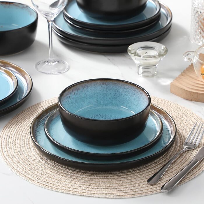 Набір посуду Vancasso AMBER на 12 осіб, 48 предметів: тарілки обідні, десертні, супові, миски - реактивна глазур, для посудомийної машини (блакитний)