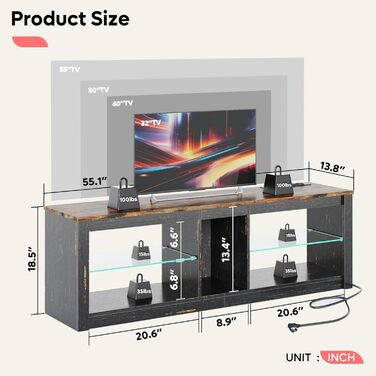 ТВ-тумба Bestier для телевізорів до 65 дюймів, 160x35x52 см з RGB-підсвічуванням та органайзером для кабелів, регульована скляна полиця, темно-коричневий