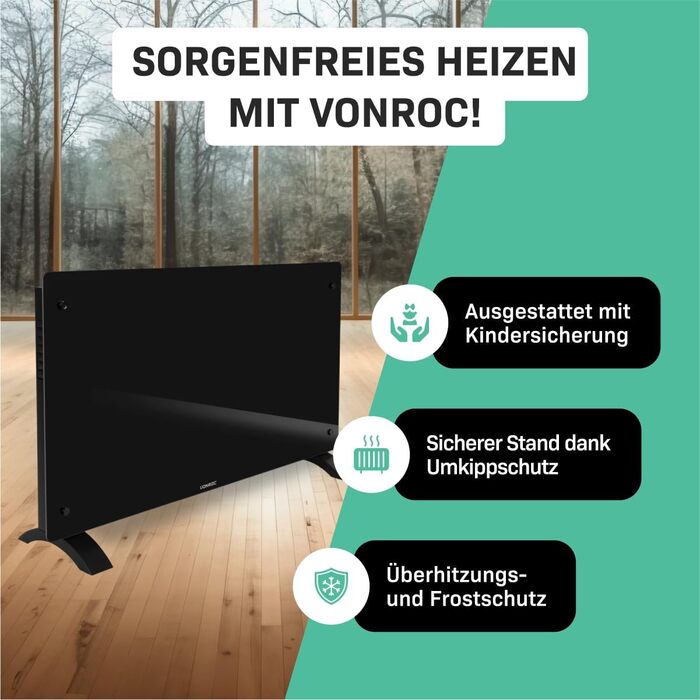 Електричний конвекторний обігрівач VONROC - 2500W, білий/чорний, керування через додаток, для площі до 24м²