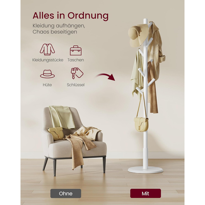 Стійка для одягу VASAGLE, дерев'яна, у формі дерева, з 8 гачками, для передпокою, RCR010B01 (Хмарний білий)