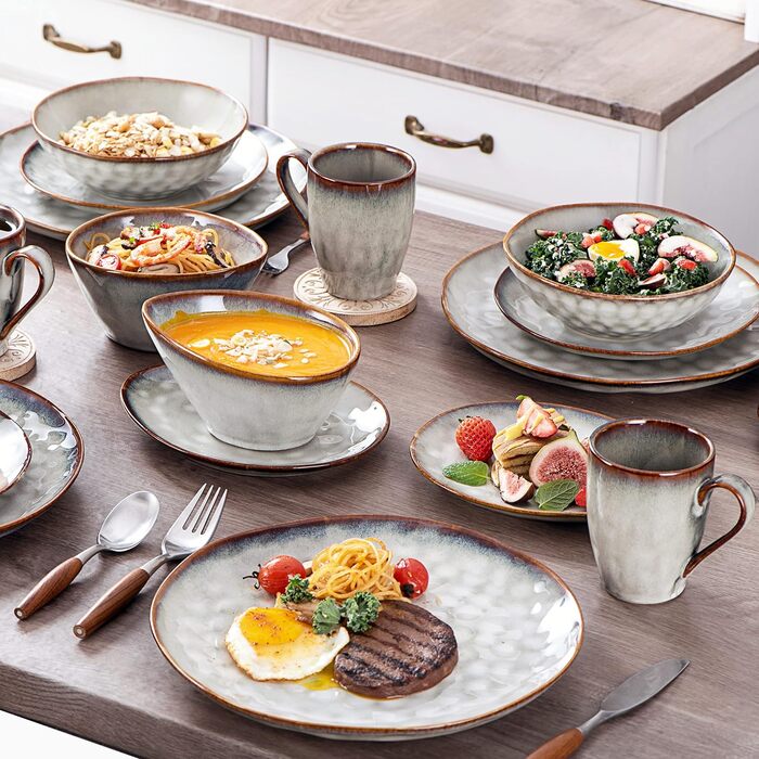 Домашня тарілка для сніданку Henten Порцеляна, керамогранітні закуски та миски для занурення - 20x17 см для 4 осіб, тарілка з макаронами Набір посуду Обідній сервіз - вінтажний дизайн (десертна тарілка)