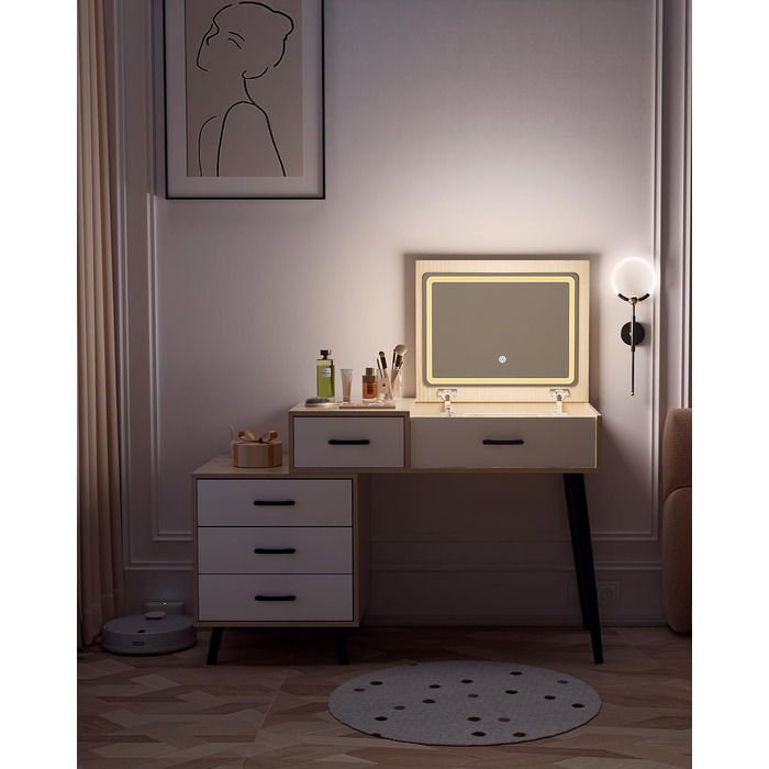 Трюмо ZenkiHome з дзеркалом та підсвіткою, ширина регулюється від 80 до 120 см, колір дуб