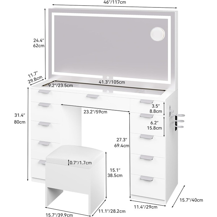 Туалетний столик YITAHOME з дзеркалом, 11 ящиків, освітлення, розетка, білий