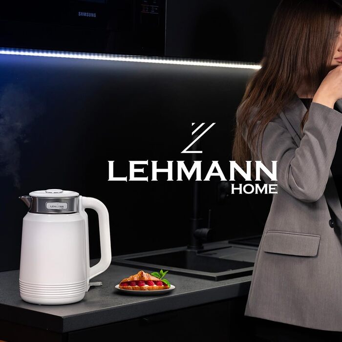 Електричний чайник Lehmann Edelstahl 2L, 2200W з подвійними стінками, автоматичним відключенням та захистом від перегріву, BPA-free, для великих сімей та офісів (Білий)