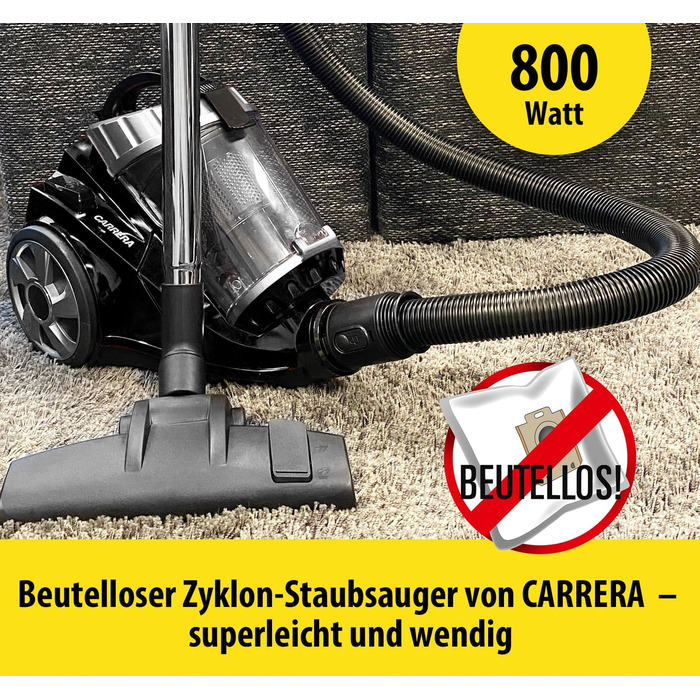 Пилголом Carrera чорного кольору: пилосос циклонного типу, з кабелем, компактний, 800W, HEPA-фільтр, висока потужність всмоктування