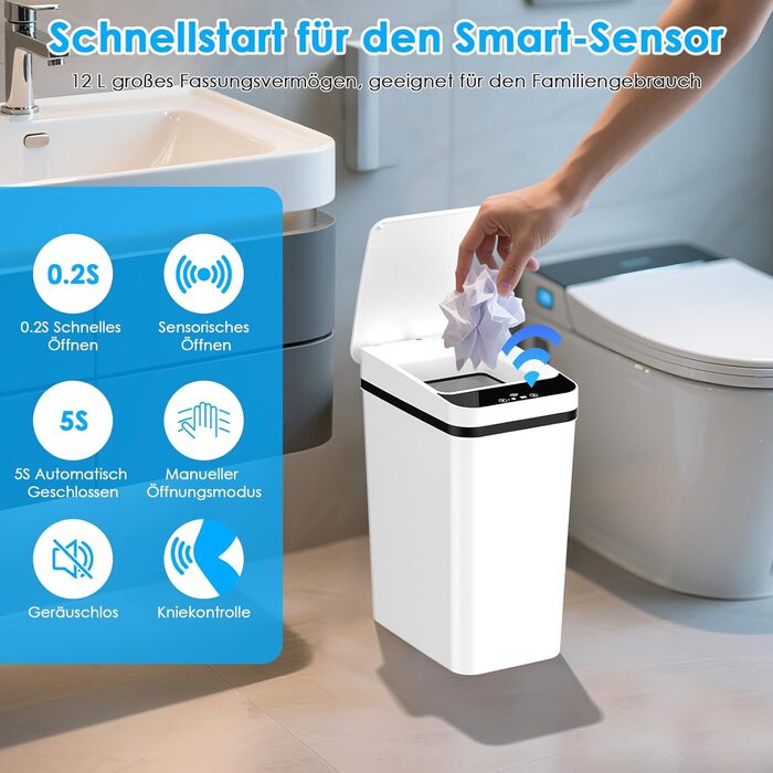 Набір з 2 автоматичних сміттєвих баків з датчиком, 12 л, електричний, 3 режими роботи, тихий, водонепроникний, інтелектуальний, для кухні, офісу, вітальні, ванної кімнати