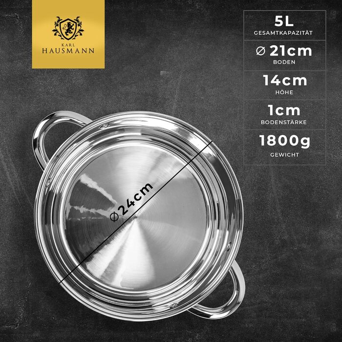 Німецький каструля з нержавіючої сталі 5л з кришкою Ø24 см - для всіх типів плит (індукція)