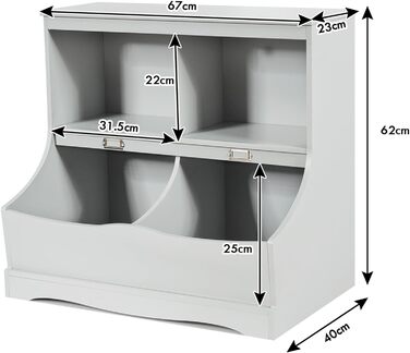 Дитяча полиця з 2 відділеннями та 2 ящиками для зберігання, дерев'яна полиця для іграшок, стелаж для іграшок та книг, книжкова шафа, 67 x 40 x 62 см (сірий)