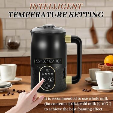 Електричний піноутворювач молока 4-в-1 з контролем температури. Підходить для капучино, лате та гарячого шоколаду. 2 насадки для різних типів пінки.