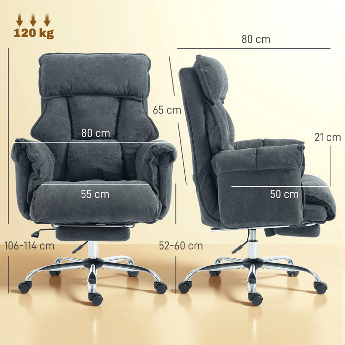Офісний крісло з регулюванням висоти, поворотне з підтримкою попереку, підставкою для ніг, обтягнуте штучним хутром (штучним овчім), розміром 80 x 80 x 106-114 см, темно-сірого кольору.