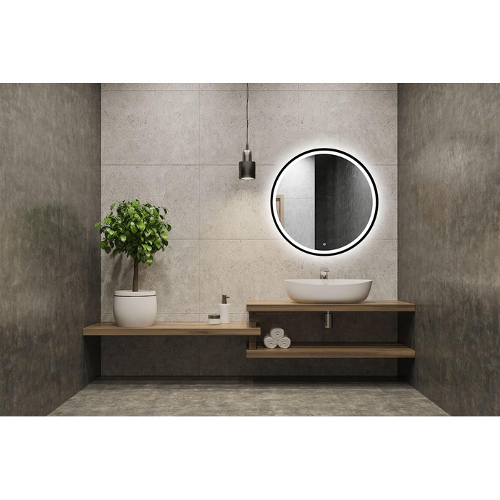 Дзеркало для ванної кімнати LED 60 см з чорною рамою, кругле, з підсвіткою (80x80 см)