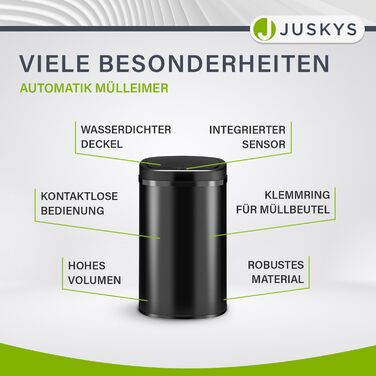 Сміттєвий бак Juskys для кухні з датчиком руху, 60 л, чорний, з кришкою-затискачем для пакетів, нержавіюча сталь, безконтактне відкривання