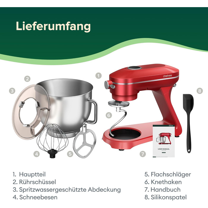 Кухонна машина Chefree M500 Profi: планетарний міксер 7л, 1800W, LED-дисплей, 10 швидкостей, 3 насадки (міксер, віночок, гак)