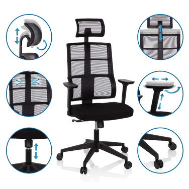 Офісне крісло / Крісло на коліщатках SPINIO PRO з сітчастою/тканинною оббивкою, чорного кольору, hjh OFFICE