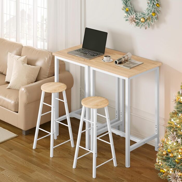 WOLTU Невеликий барний столик 60 x 100 x 60 см, кутовий, метало-дерев'яний, для кухні, бару, вітальні, білий+світлий дуб, BT34hei, без стільців