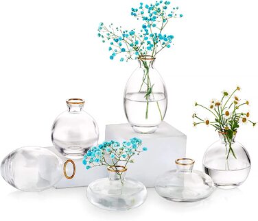 Маленькі вази для прикраси столу Вінтаж ручної роботи, міні-ваза з 3 предметів, скляна ваза для квітів, сучасний набір, різна велика гладка ваза з гідропонного скла для прикраси квітів, весільного столу, вітальні (4 комплекти, золота оправа)