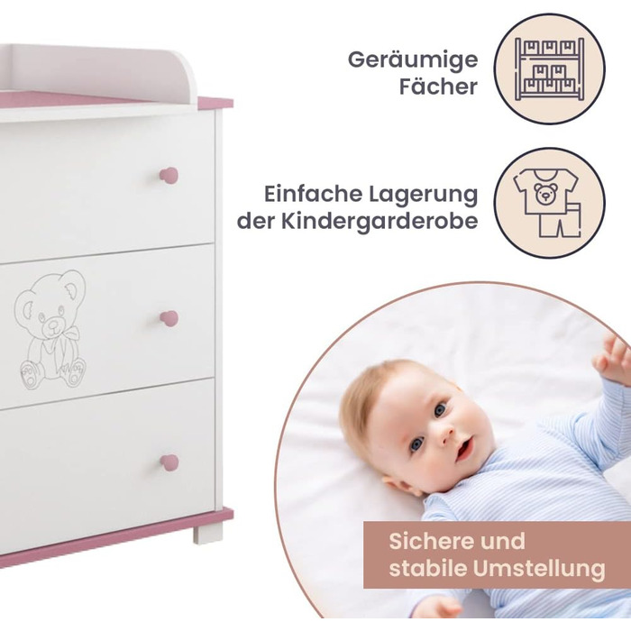 Комод з пеленальним столиком Kiki Design | 80x46 см | 3 висувні ящики | Для дитячої кімнати | Гравірований ведмедик | Рожевий