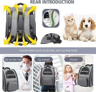 Рюкзак для собак PETCUTE для собак і кішок, схвалений авіакомпанією рюкзак для домашніх тварин, дихаюча сумка для перенесення домашніх тварин з вікнами, складаний рюкзак для кішок, рюкзак для собак з повідцем (світло-сірий)