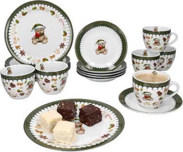 MamboCat Friend - 18-ти частинний чайний сервіс для 6 осіб | Керамічний сервіс з ведмедиком, будиночком з імбирного пряника та іншими новорічними мотивами | Тріо з чашками, блюдцями та тарілками | Ідеальний для святкування Різдва