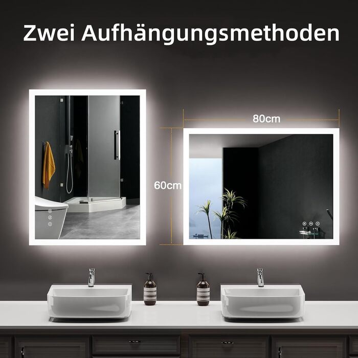 LED дзеркало для ванної кімнати 80x60 см з підсвічуванням, 3 кольори світла, регулювання яскравості, антизапарник, сенсорне керування, пам'ять, IP44, вологостійке
