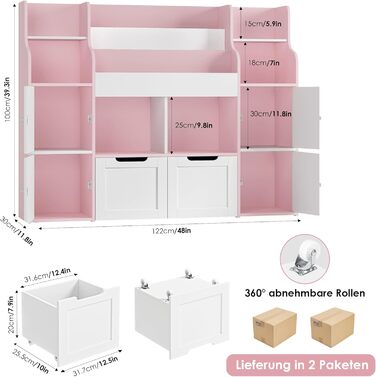 FOREHILL Дитяча полиця-стелаж для іграшок та книг у кімнату з дерева, рожева, 122 x 30 x 100 см