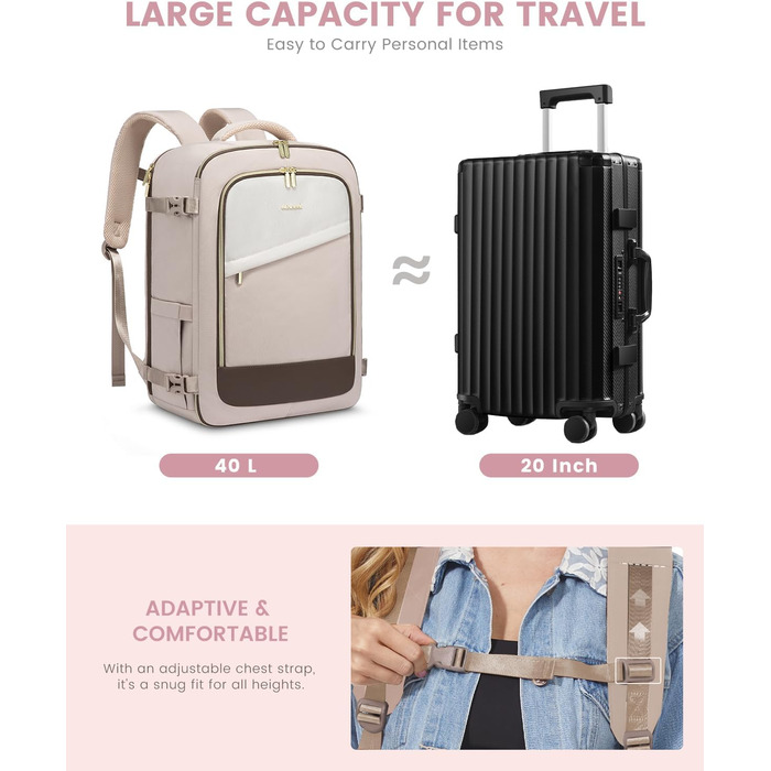 Рюкзак LOVEVOOK для ручної поклажі літака, жіночий, водонепроникний, з відділенням для взуття, 40L, 45x36x20, для ноутбука 17 дюймів, Carry on Luggage (сірий, білий, кавовий)