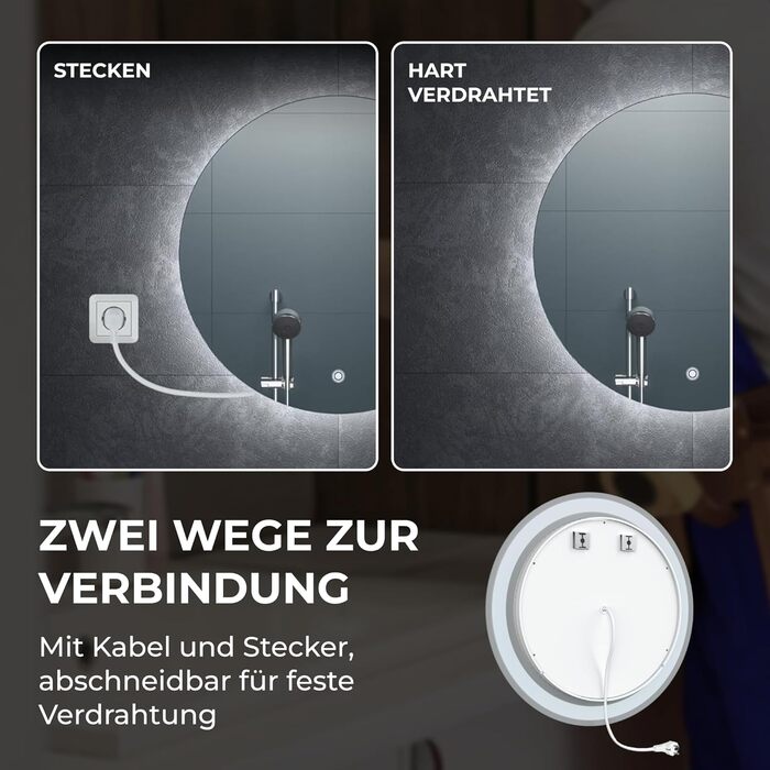 Дзеркало для ванної кімнати BR Bringer LED, діаметр 80 см, з підсвічуванням, протизапітнінням, регулюванням яскравості, енергозбереженням, 3 кольори світла, сенсорне керування та функція пам'яті (BRRS201)