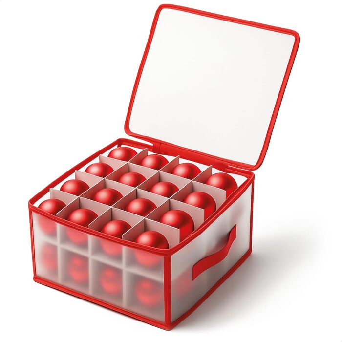 Коробка для зберігання 32 ялинкових прикрас Com-Four® - Сортувальник для ялинкових кулі та новорічного декору - Прозора/Червона