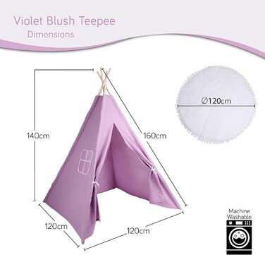 Дитячий намет-тіпі у фіолетовому кольорі | Ігровий намет-тіпі для дівчаток та хлопчиків, 140 x 120 см, бавовняний тканний матеріал зі зірочками та килимком
