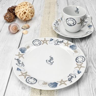 MamboCat Neptun - 18-ти елементний кавовий сервіз для 6 осіб з порцеляни з морськими мотивами (якір, мушля)