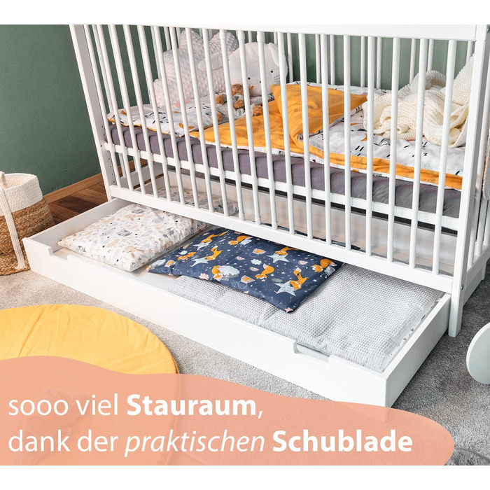 Дитяче ліжечко Alcube 70x140 см Toni виготовлене з високоякісної деревини бука, з поперечинами та матрацом з шухлядою білого кольору 70x140 White - з висувним ящиком