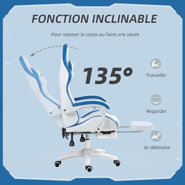 Крісло ігрове Vinsetto Ergonomic з регульованою підніжкою, спинкою 135°, підголівником та поперековою підтримкою, поворотне на 360°, PU шкіра, білий/сірий