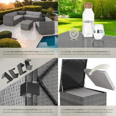 Набір садово-патіо меблів Tectake з коробкою для зберігання подушок, стіл зі скляною стільницею, сірий (403829)